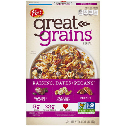 Post Great Grains Raisins, Dates & Pecans Whole Grain Cereal, 16 Ounce