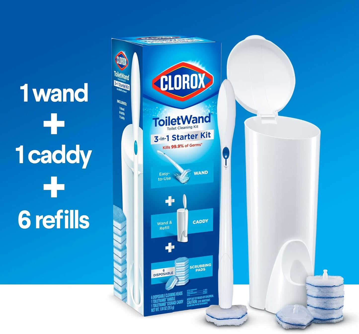 Clorox ToiletWand Disposable Toilet Cleaning Kit, Brush, Bathroom Cleaning System with Storage Caddy and 6 Disinfecting Refill Heads (Package May Vary)