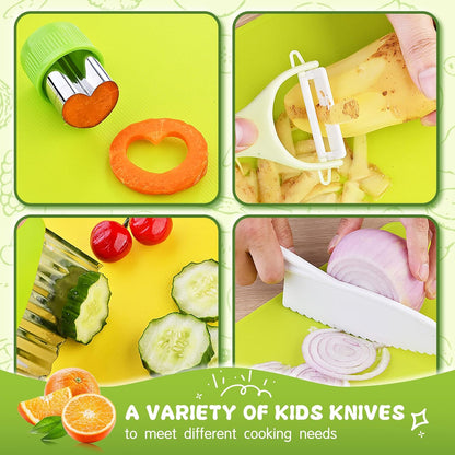 Yeeammk 13 Pieces Montessori Kitchen tools for Toddlers-Kids Cooking sets Real-Toddler Safe Knives Set for Real Cooking with Plastic Toddler Safe Knives Crinkle Cutter Kids Cutting Board