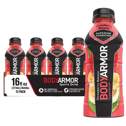 BODYARMOR Sports Drink Sports Beverage, Strawberry Banana, Coconut Water Hydration, Natural Flavors With Vitamins, Potassium-Packed Electrolytes, Perfect For Athletes, 16 Fl Oz (Pack of 12)