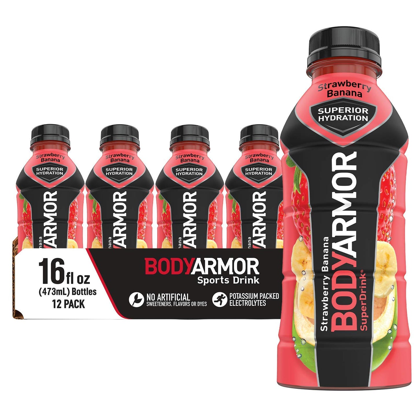 BODYARMOR Sports Drink Sports Beverage, Strawberry Banana, Coconut Water Hydration, Natural Flavors With Vitamins, Potassium-Packed Electrolytes, Perfect For Athletes, 16 Fl Oz (Pack of 12)