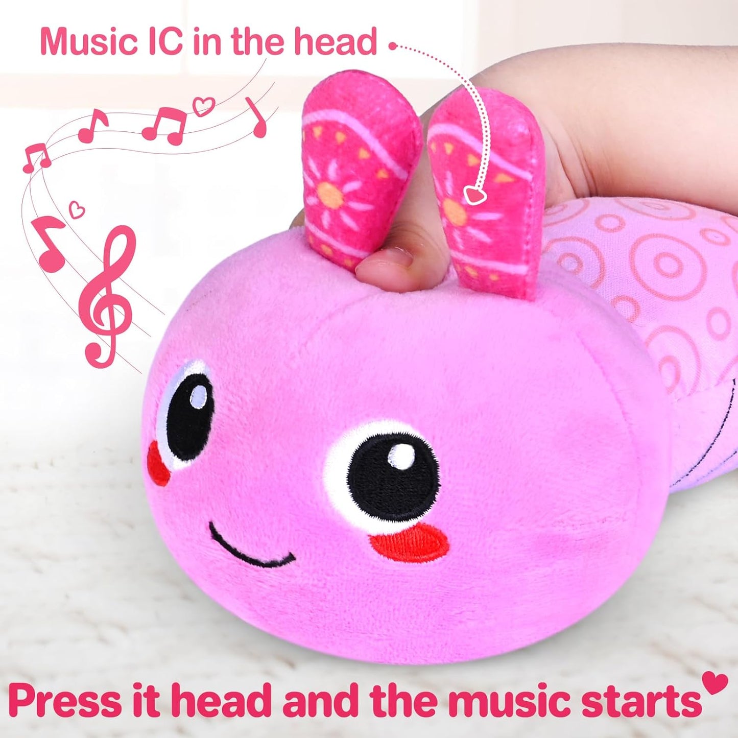 KMUYSL Infant Baby Musical Stuffed Animal Toys for 0-3-6-12 Months, Soft Sensory Toys with Crinkle and Rattles, Tummy Time Toys for Newborn Boys Girls, Caterpillar, Pink