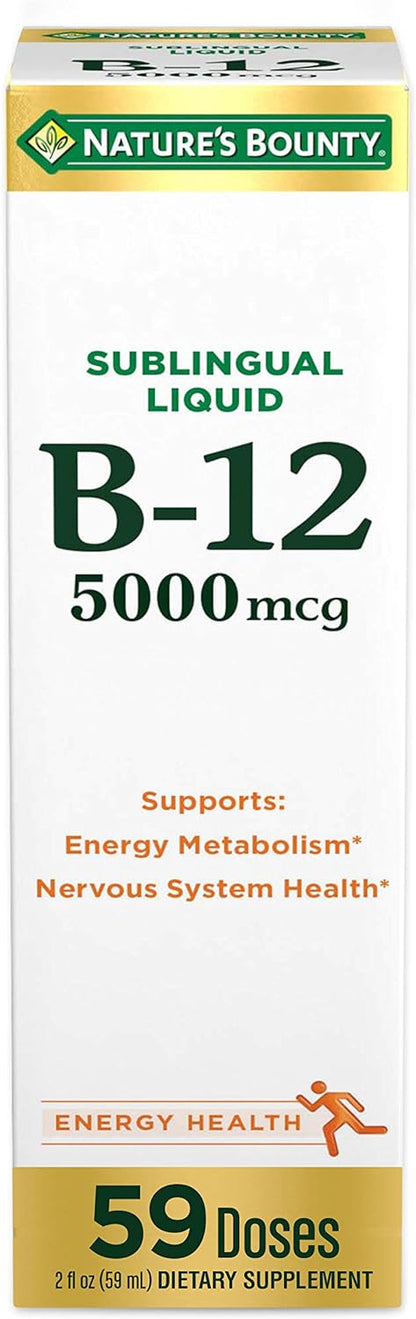 Nature's Bounty Vitamin B12 5000 Mcg Sublingual Liquid, Cardiovascular Health & Cellular Energy Support, 2 Fl Oz (1 Count)