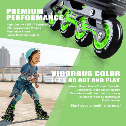 2PM SPORTS Torinx Green Boys Adjustable Inline Skates, Fun Beginner Roller Skates for Kids, Youth, Girls, Men and Women