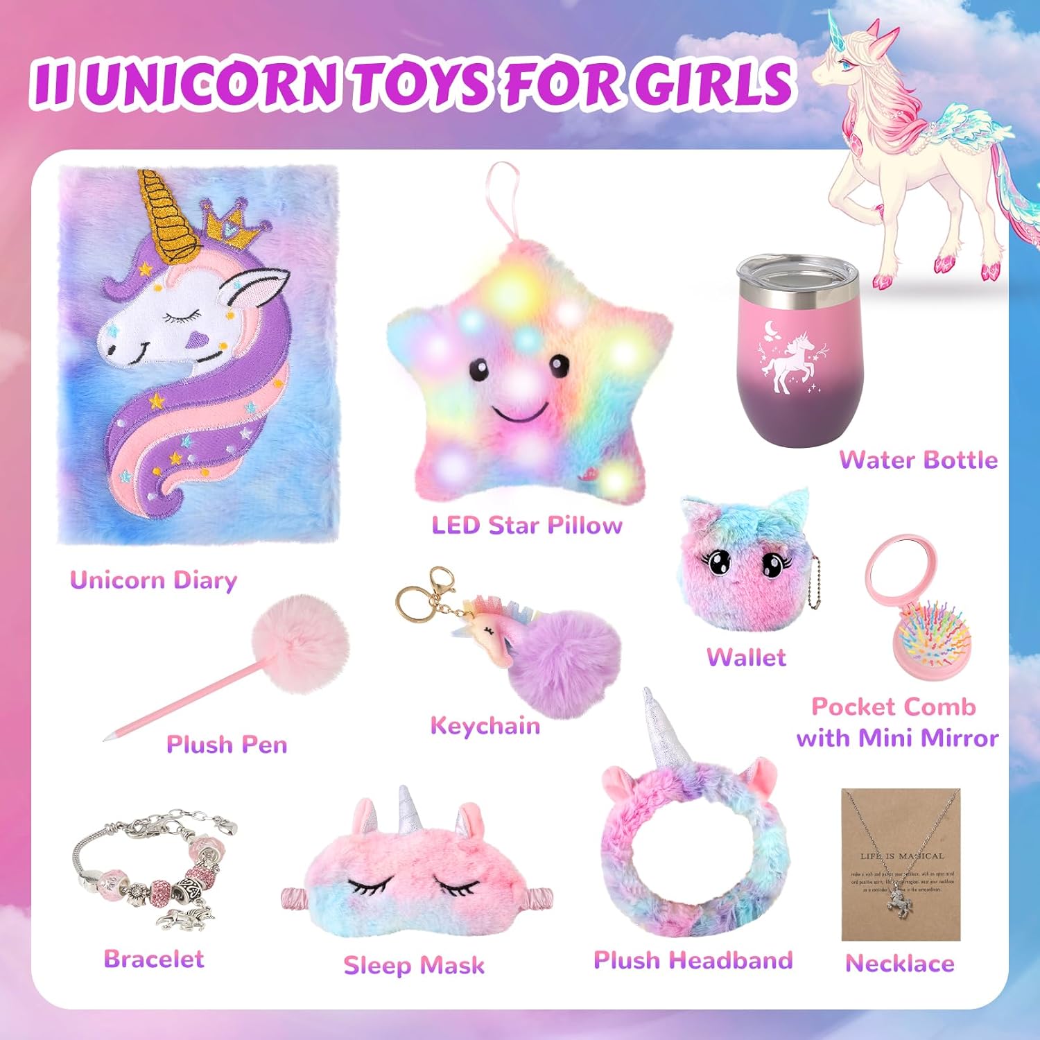 Unicorns Gifts for Girls 5 6 7 8 9 10+ Years Old, Kids Unicorn Toys with Light Up Plush Star Pillow/ Diary/ Headband/ Eye Mask/ Water Bottle, Soft Plush Toys Set for Teens Birthday Gifts Christmas