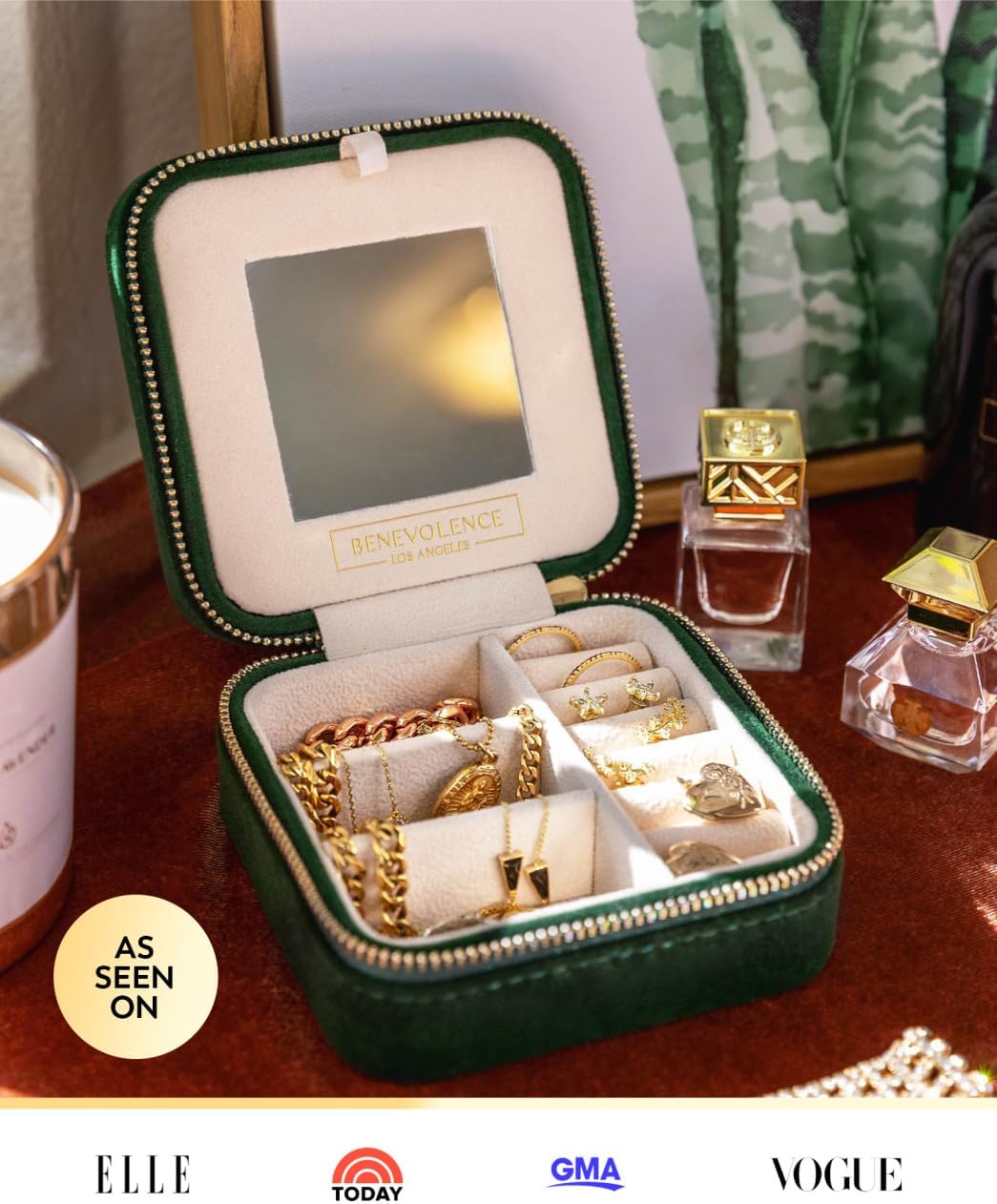 Plush Jewelry Organizer Box |Small Jewelry Boxes | Jewelry Organizer, Jewelry Travel Case for Women | Earring Organizer with Mirror - Emerald Velvet