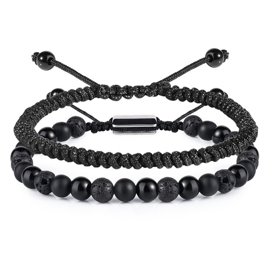 CARITATE Black Beaded Bracelets for Men Boys - 6mm Obsidian Onyx Lava Beads Mens Bracelet Set for Couples - Valentines Day Birthday Gifts Mens Jewelry for Boyfriend Husband Him