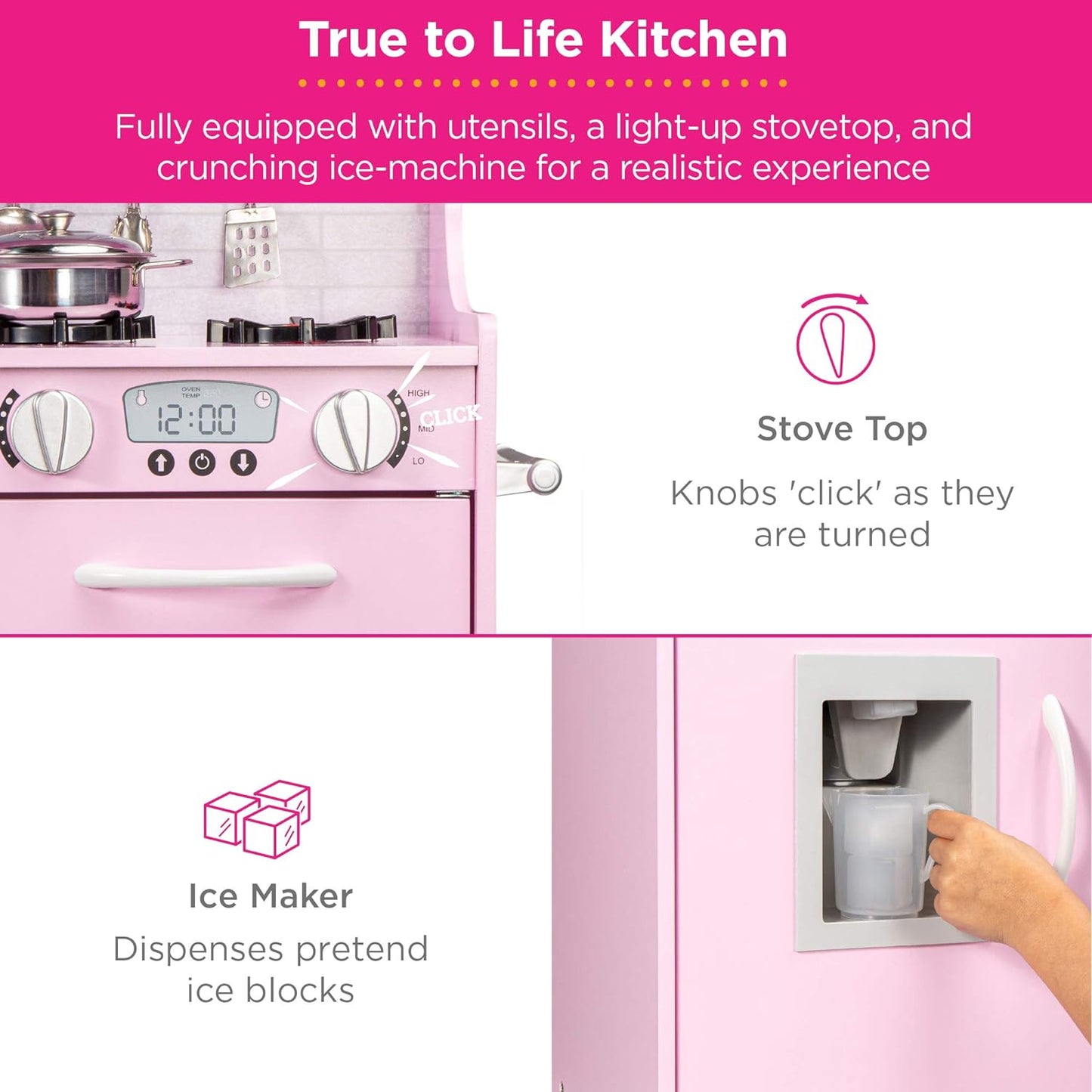 Best Choice Products Pretend Play Kitchen Wooden Toy Set for Kids w/Realistic Design, Telephone, Utensils, Oven, Microwave, Sink - Pink