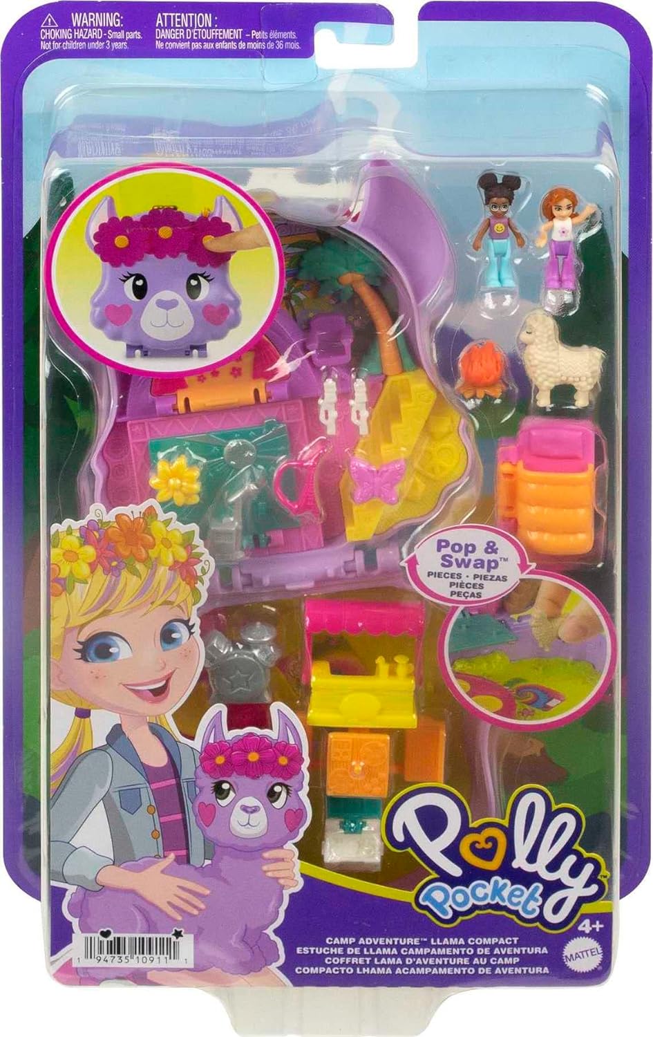 Polly Pocket Compact Playset, Llama Camp Adventure with 2 Micro Dolls & 13 Accessories, Travel Toy with Surprise Reveals
