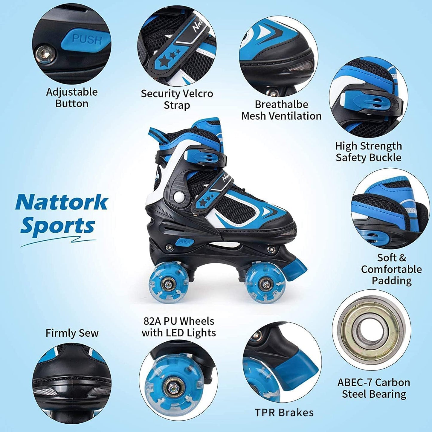 Nattork Kids Roller Skates for Boys Girls Kids, 4 Sizes Adjustable Quad Skates with All Light up Wheels - Birthday Gift for Indoor Outdoor Sports