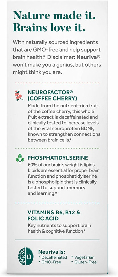 NEURIVA Plus Brain Supplement for Memory and Focus Clinically Tested Nootropics for Concentration for Mental Clarity, Cognitive Enhancement Vitamins B6, B12, Phosphatidylserine 30 Capsules