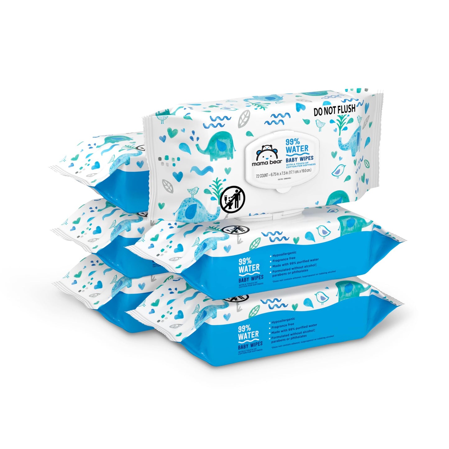 Amazon Brand - Mama Bear 99% Water Baby Wipes, Hypoallergenic, Fragrance Free, 432 Count (6 Packs of 72)