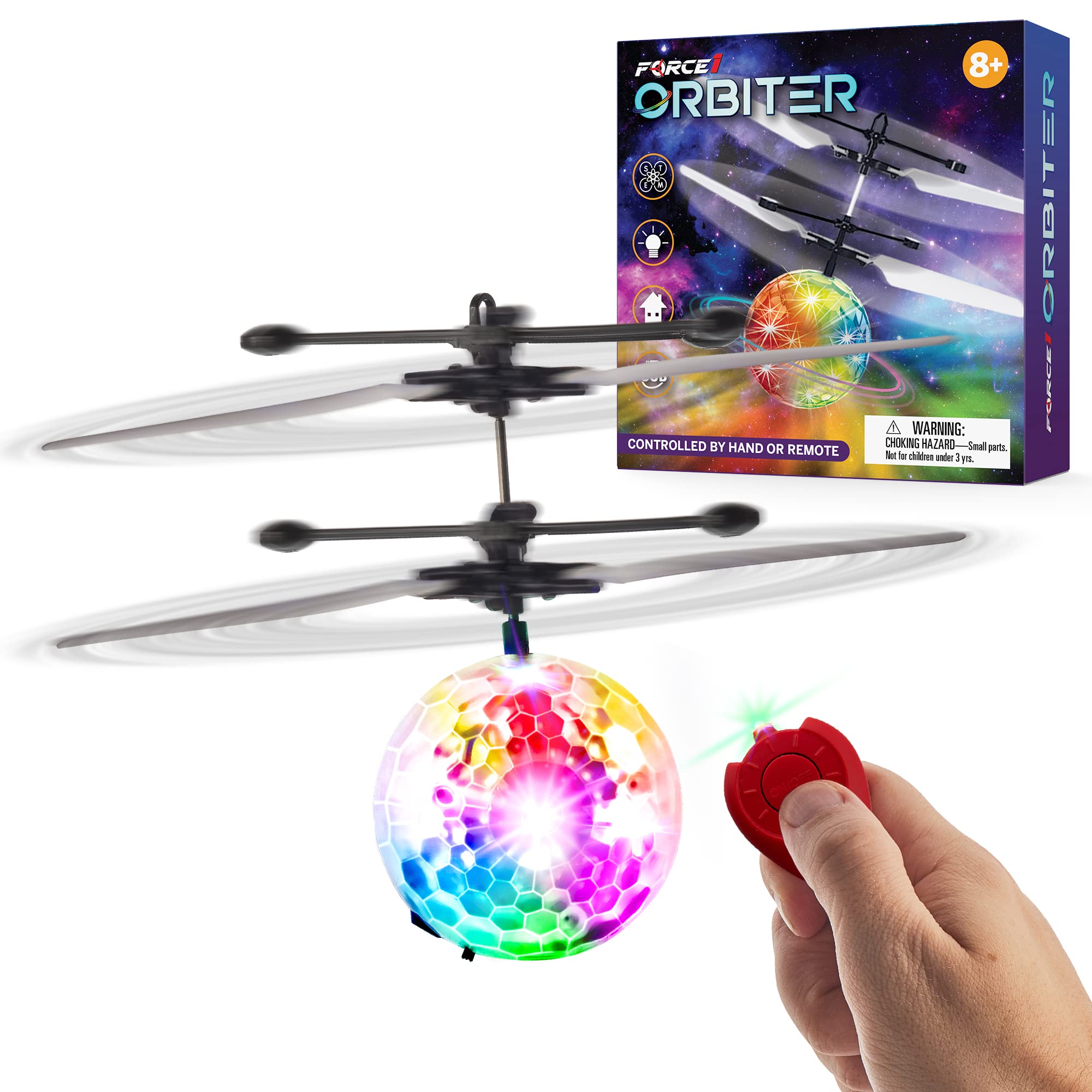Force1 1 Pack Orbiter Flying Orb Ball Hand Operated Spinner Drones for Kids- Flying Ball Mini Hand Drone Toy with Remote, LED Hand Controlled Hover Orb Toy Indoor Fidget Ball Drone Floating UFO Drone