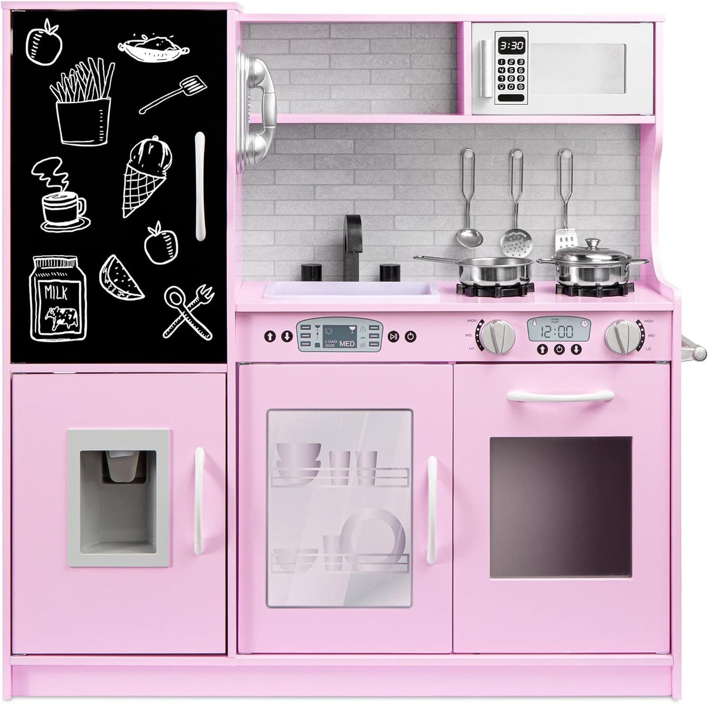 Best Choice Products Pretend Play Kitchen Wooden Toy Set for Kids w/Realistic Design, Telephone, Utensils, Oven, Microwave, Sink - Pink