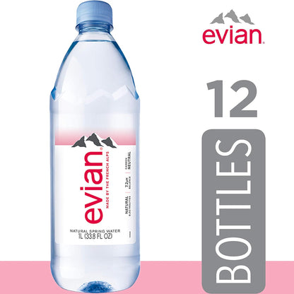 evian Natural Spring Water, Naturally Filtered Spring Water in Large Bottles, 33.81 Fl Oz (Pack of 12)