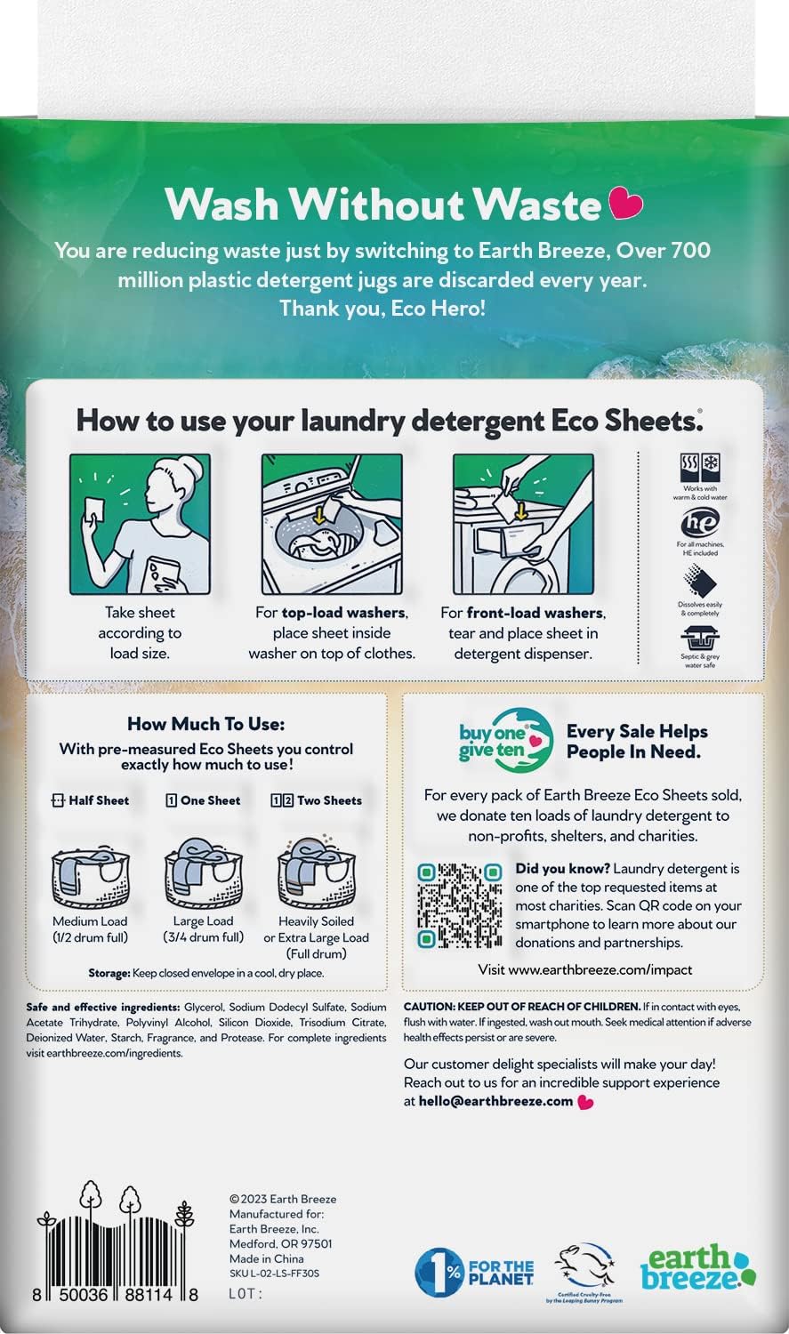 Earth Breeze Laundry Detergent Sheets - Fresh Scent - No Plastic Jug (60 Loads) 30 Sheets, Liquidless Technology