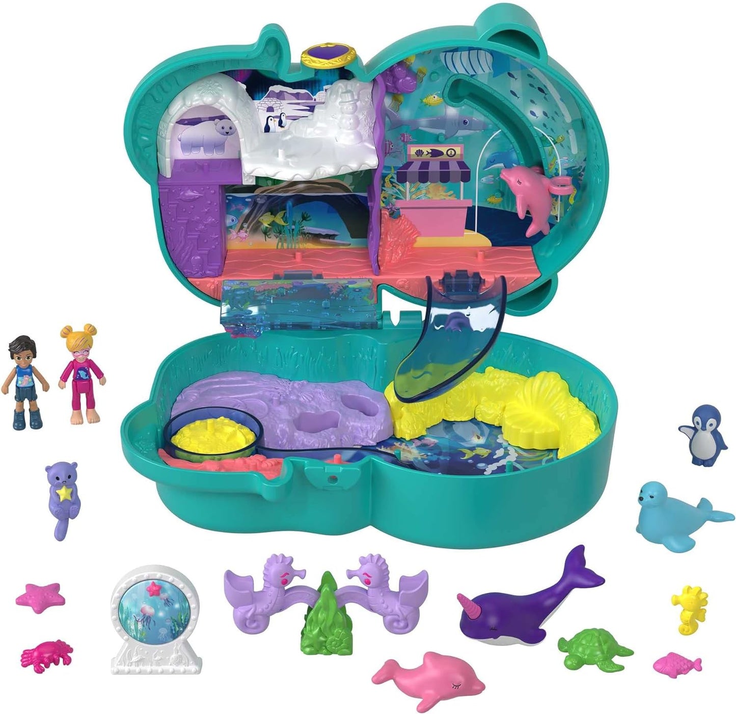 Polly Pocket Otter Aquarium Compact, Aquarium Theme with Micro Polly & Nicolas Dolls, 5 Reveals & 12 Accessories, Pop & Swap Feature, Great Gift for Ages 4 Years Old & Up (Amazon Exclusive)