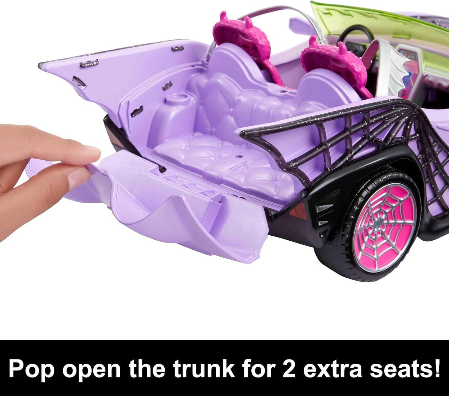 Monster High Toy Car, Ghoul Mobile with Pet and Cooler Accessories, Purple Convertible with Spiderweb Details Large, 4 years and older