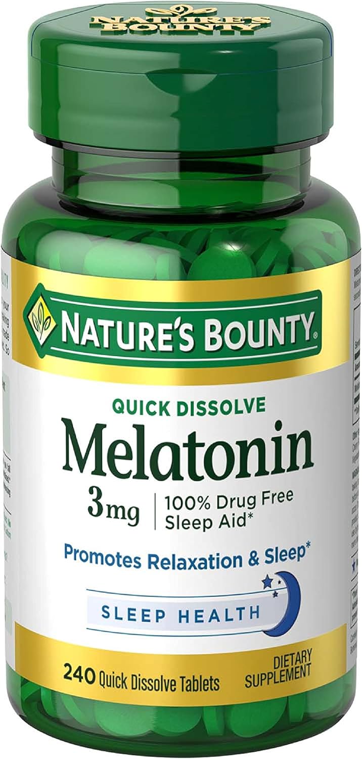 Nature’s Bounty Melatonin 3mg, 100% Drug Free Sleep Aids for Adults, Supports Relaxation and Sleep, Dietary Supplement, 240 Count