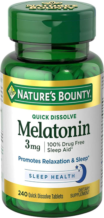 Nature’s Bounty Melatonin 3mg, 100% Drug Free Sleep Aids for Adults, Supports Relaxation and Sleep, Dietary Supplement, 240 Count