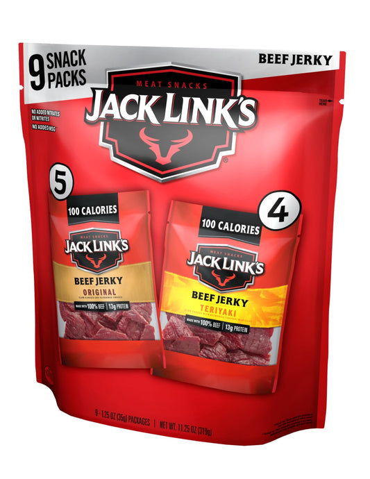 Jack Link's Beef Jerky Variety - Includes Original and Teriyaki Flavors, On the Go Snacks, Great Stocking Stuffer Gift, 13g of Protein Per Serving, 9 Count of 1.25 Oz Bags