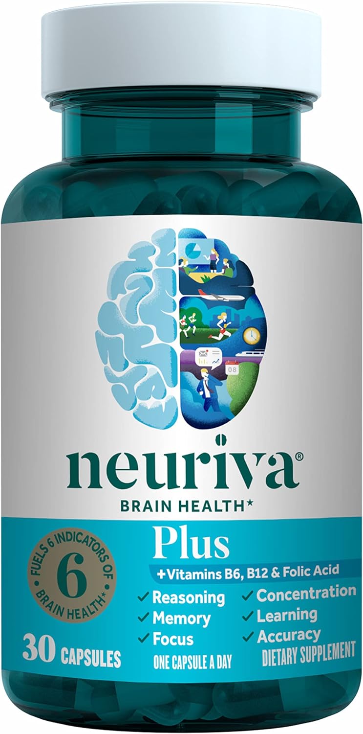 NEURIVA Plus Brain Supplement for Memory and Focus Clinically Tested Nootropics for Concentration for Mental Clarity, Cognitive Enhancement Vitamins B6, B12, Phosphatidylserine 30 Capsules