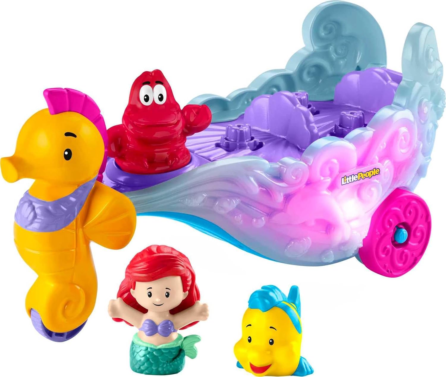 Fisher-Price Little People Toddler Toy Disney Princess Ariel's Light-Up Sea Carriage Musical Vehicle with 2 Figures for Ages 18+ Months