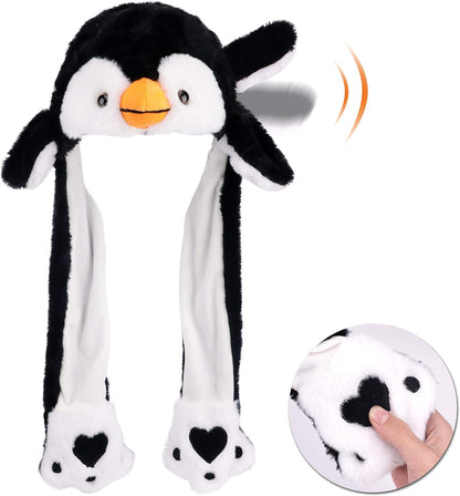 Hopearl Penguin Hat with Ears Moving Jumping Pop Up Beating Hat Plush Holiday Cosplay Dress Up Funny Gift for Kids Boys Girls, Black, 22''