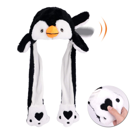 Hopearl Penguin Hat with Ears Moving Jumping Pop Up Beating Hat Plush Holiday Cosplay Dress Up Funny Gift for Kids Boys Girls, Black, 22''