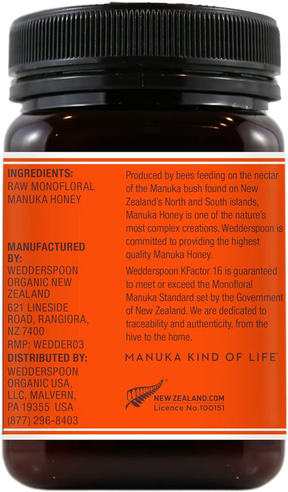 Wedderspoon Raw Premium Manuka Honey, KFactor 16, 17.6 Oz, Unpasteurized, Genuine New Zealand Honey, Traceable from Our Hives to Your Home