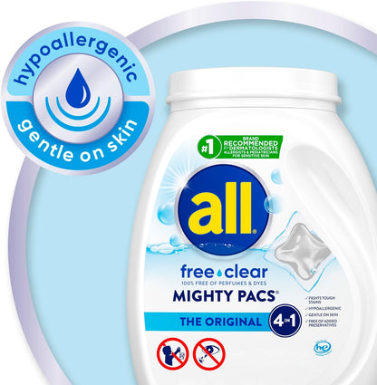 All Mighty Pacs Laundry Detergent, Free Clear for Sensitive Skin, Tub, 60 Count