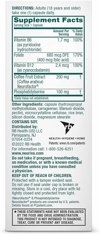 NEURIVA Plus Brain Supplement for Memory and Focus Clinically Tested Nootropics for Concentration for Mental Clarity, Cognitive Enhancement Vitamins B6, B12, Phosphatidylserine 30 Capsules