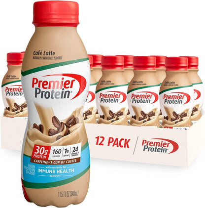 Premier Protein Shake, Café Latte Liquid, 30g Protein, 1g Sugar, 24 Vitamins & Minerals, Nutrients to Support Immune Health, gluten free, 11.5 fl oz Bottle, 12 Pack