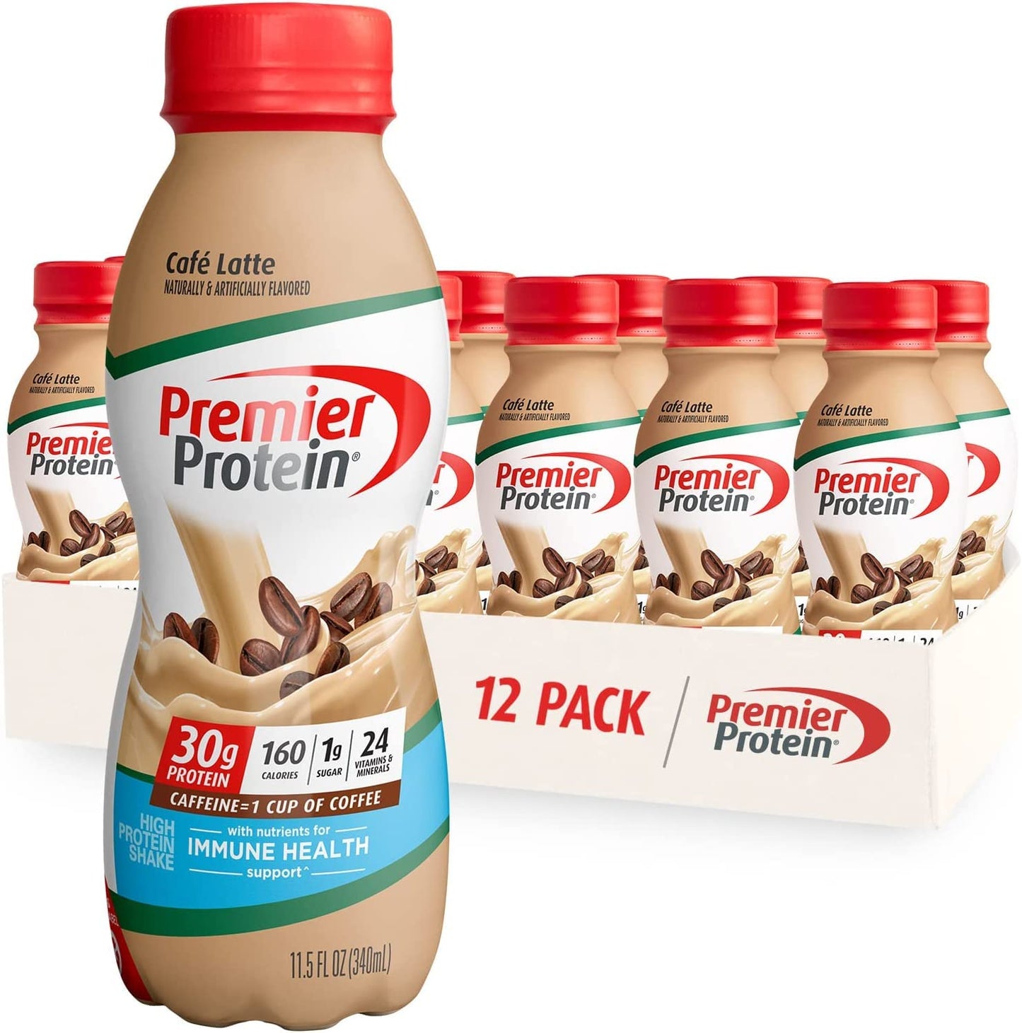 Premier Protein Shake, Café Latte Liquid, 30g Protein, 1g Sugar, 24 Vitamins & Minerals, Nutrients to Support Immune Health, gluten free, 11.5 fl oz Bottle, 12 Pack