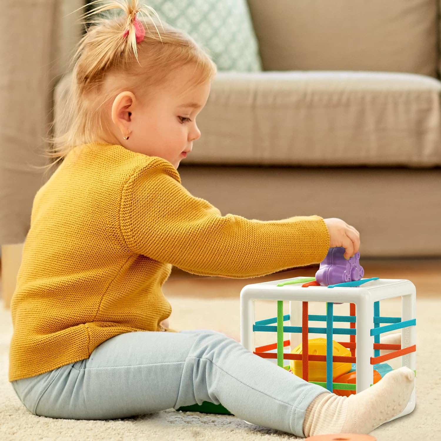 Aprilwolf Montessori Toys for 1 Year Old, Cube Bin & 6 Sensory Shape Blocks, Baby Toys 12-18 Months, Developmental Infant Birthday Gifts for Learning Toddler Age 1 2 3