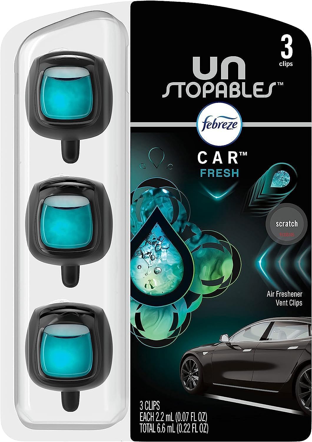 Febreze Unstopables Car Odor-Fighting Car Freshener Vent Clip Fresh, .07 fl oz. Car Vent Clip, Pack of 3