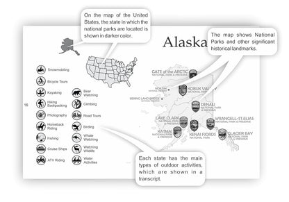 Adventures Go On. The book 2024 (170 pages) is a guide to the National Parks of the United States of America with complete stickers for all 63 US National Parks.