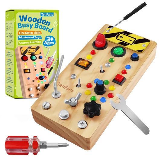 TenFans Wooden Montessori Busy Board with LED Light Switch and Screwdriver Tools - Sensory Toy for Toddlers 3+ Year Old Boys - Travel Activity and Educational Learning Toy Improves Fine Motor Skills