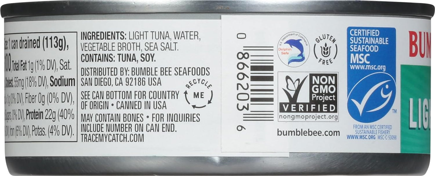 Bumble Bee Chunk Light Tuna In Water, 5 oz Cans (Pack of 24) - Wild Caught - 22g Protein Per Serving - Non-GMO Project Verified, Gluten Free, Kosher - Great For Tuna Salad & Recipes