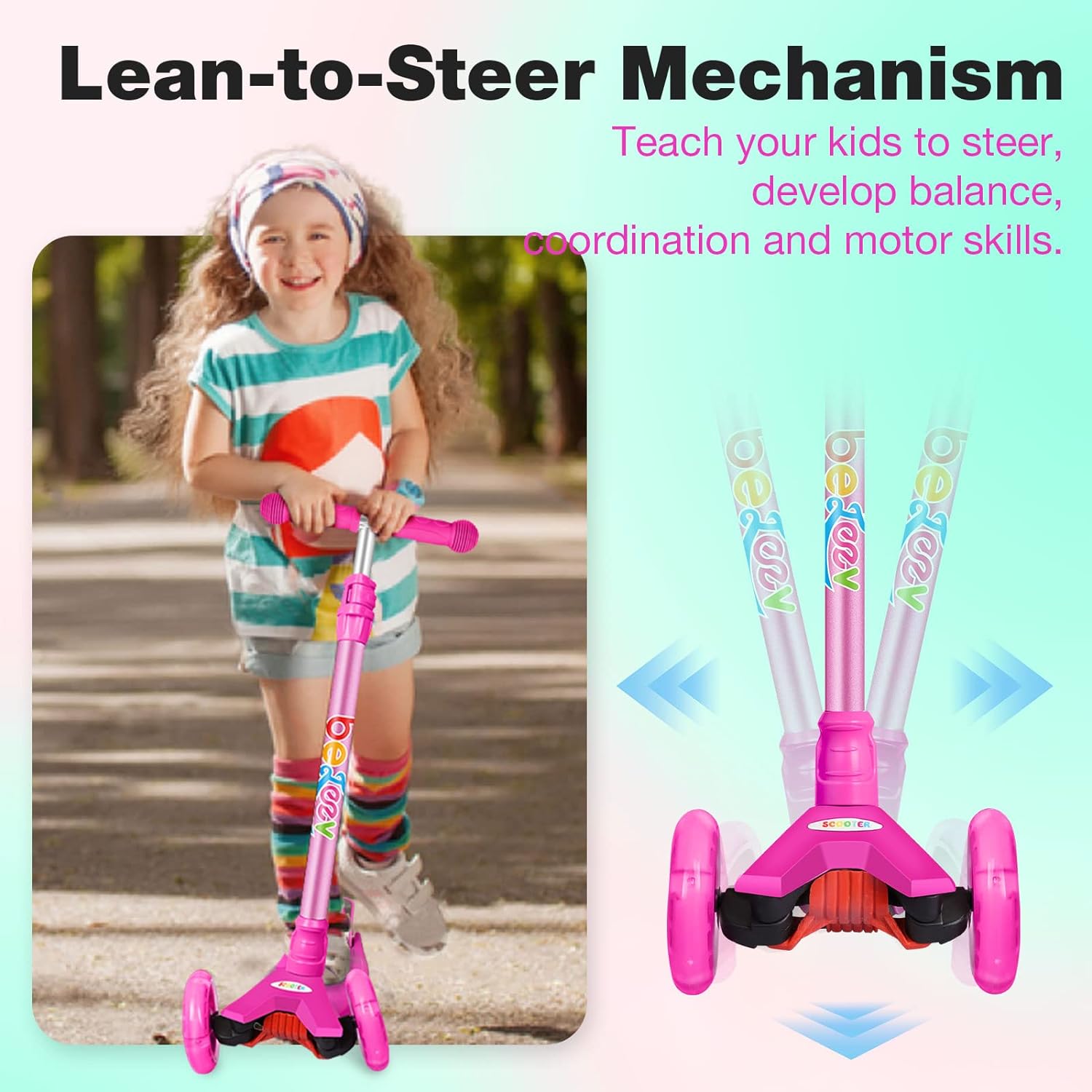 BELEEV A2 Scooters for Kids 3 Wheel Kick Scooter for Toddlers Girls Boys, 4 Adjustable Height, Lean to Steer, Light up Wheels, Extra-Wide Board, Easy to Assemble for Children Gift Sport Toys Ages 3-12