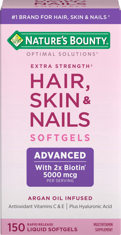 Nature's Bounty Advanced Hair, Skin & Nails, Argan-Infused Vitamin Supplement with Biotin and Hyaluronic Acid, 150 Rapid Release Softgels