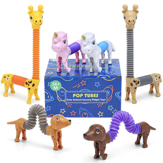 6-Pack Cute Animal Pop Tubes: Fidget Toys for Sensory Play, Engaging Toddler Sensory Tubes for Stress-Relief & Sound Play