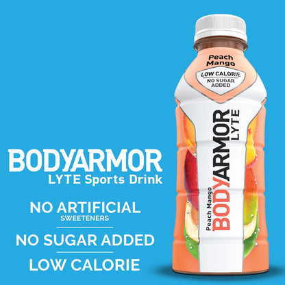 BODYARMOR LYTE Sports Drink Low-Calorie Sports Beverage, Peach Mango, Coconut Water Hydration, Natural Flavors With Vitamins, Potassium-Packed Electrolytes, Perfect For Athletes, 16 Fl Oz (Pack of 12)