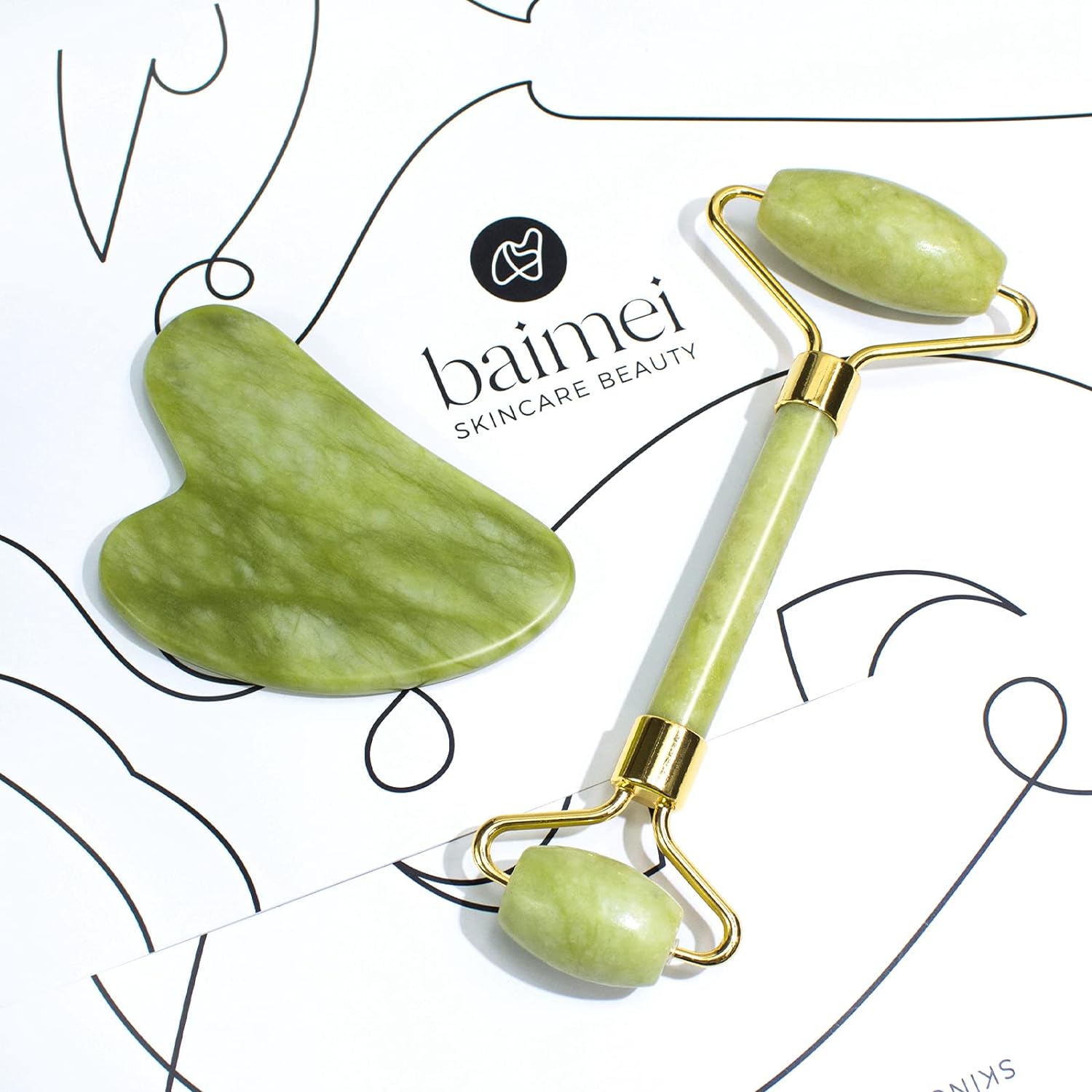 BAIMEI Gua Sha & Jade Roller Facial Tools Face Roller and Gua Sha Set for Skin Care Routine and Puffiness, Self Care Gift for Men Women - Green