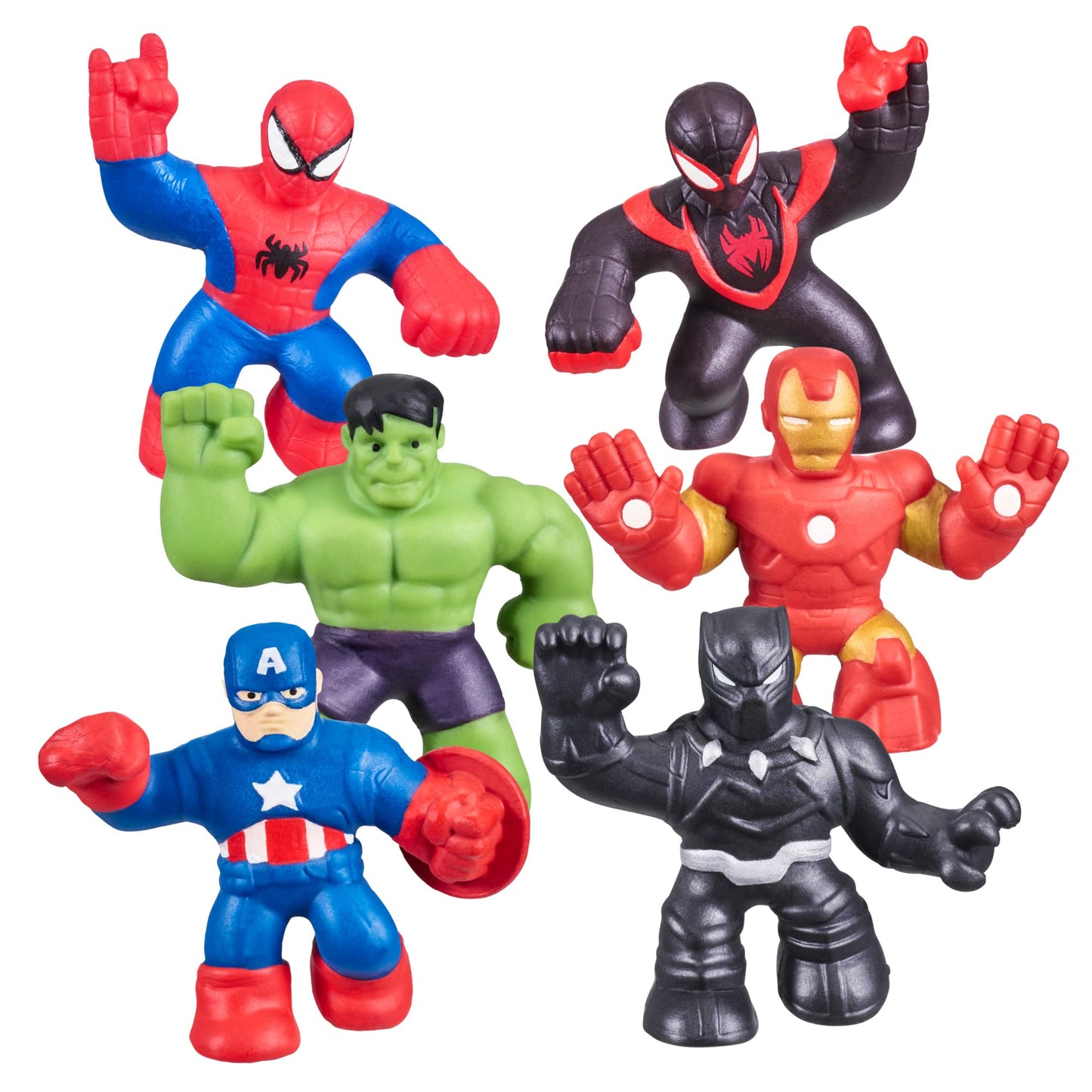 Heroes of Goo Jit Zu Marvel Mega Mini 6 Pack - Squishy, Stretchy, Gooey Mini Heroes - Ironman, Spider-Man, Captain America, Miles Morales, Hulk and Black Panther