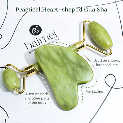 BAIMEI Gua Sha & Jade Roller Facial Tools Face Roller and Gua Sha Set for Skin Care Routine and Puffiness, Self Care Gift for Men Women - Green