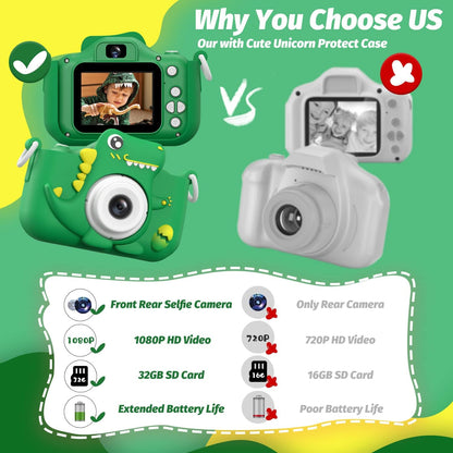 Upgrade Dinosaur Kids Camera, Christmas Birthday Gifts for Girls Boys 3-12, 1080P HD Selfie Digital Video Camera for Toddlers, Cute Portable Little Girls Boys Gifts Toys for 3 4 5 6 7 8 9 Years Old