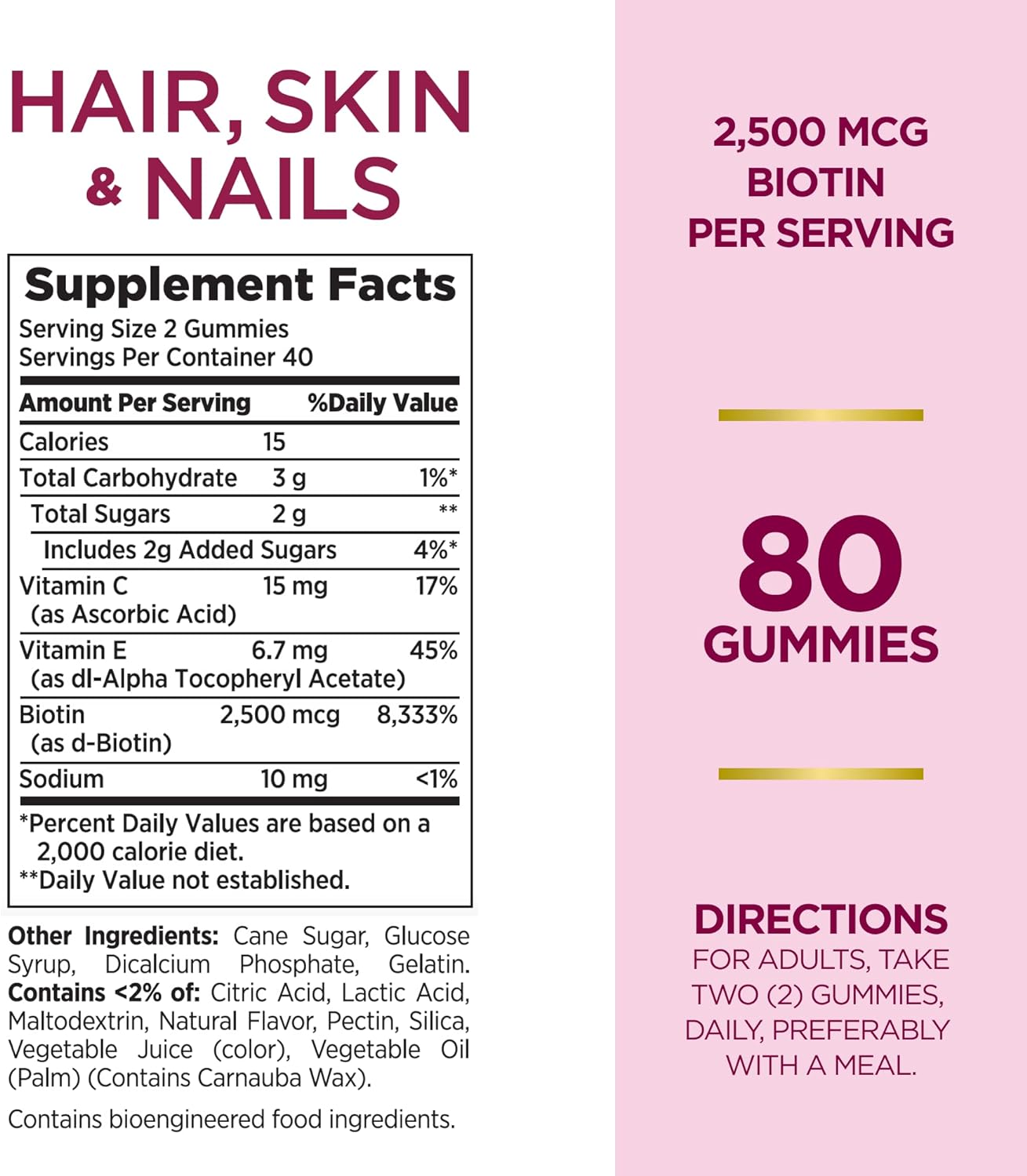 Nature's Bounty Optimal Solutions Hair, Skin & Nails Vitamin Gummies with Biotin, 2500 mcg, Strawberry, 80 Count Bottles