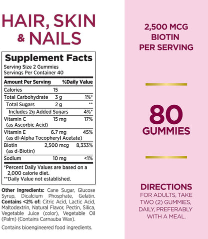 Nature's Bounty Optimal Solutions Hair, Skin & Nails Vitamin Gummies with Biotin, 2500 mcg, Strawberry, 80 Count Bottles