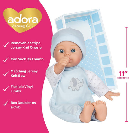 ADORA Soft & Cuddly Sweet Baby Boy Peanut, Amazon Exclusive 11” Adorable Baby Boy Doll with Bright Blue Eyes and Blonde Paint Hair, Includes Baby Doll Bottle, Onesie and a Blue Cap